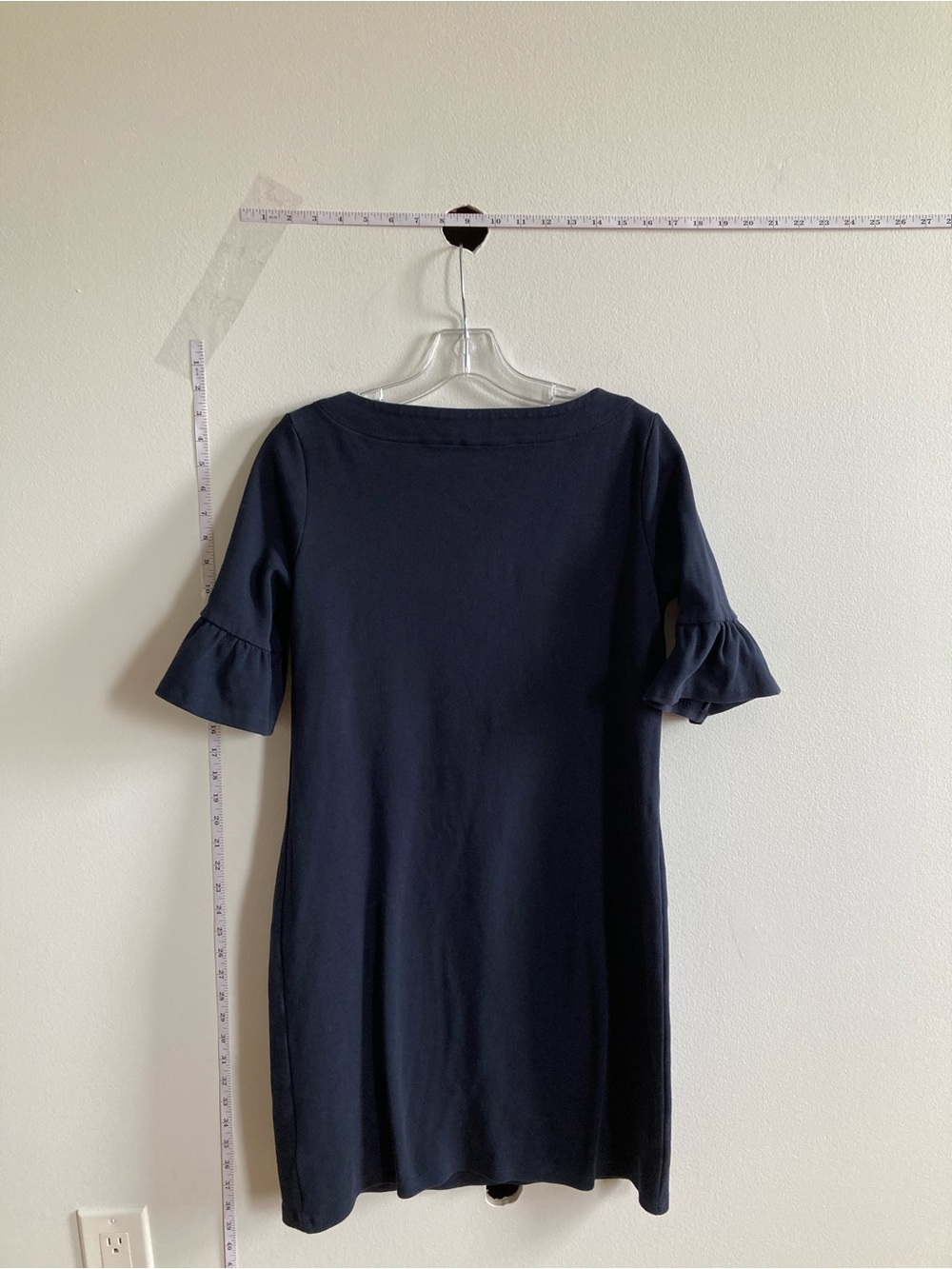 Talbots MP Conservative Boatneck Sheath Navy Refined Structure Ruffle Dress - Picture 3 of 6